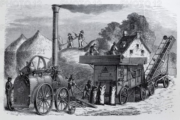 Steam threshing machine with staking device and straw elevator, agriculture around 1900, historical book illustration, steel engraving