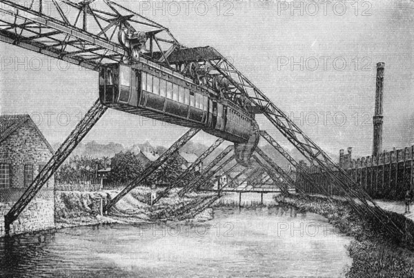 Wuppertal suspension railway, view around 1900, historical book illustration, wood engraving