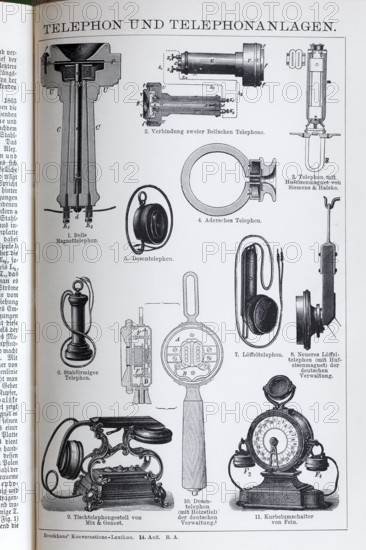 Encyclopaedia page with 19th century telephones and telephone systems, telephone technology, historical book illustration, wood engraving