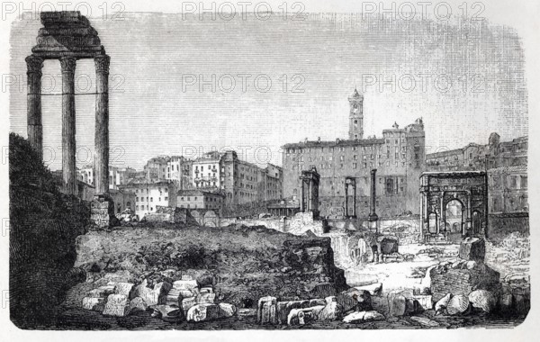 Roman Forum in Rome, historical book illustration, wood engraving