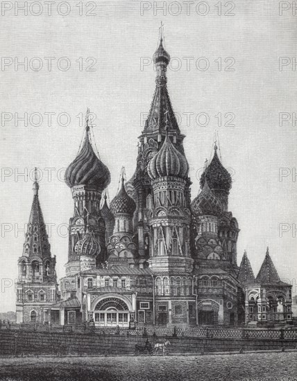 St Basil's Cathedral in Moscow, historical book illustration, wood engraving