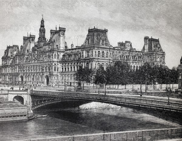 Hotel de Ville and Ponte d, ' Arcole in Paris, historical view, steel engraving, Brockhaus Konversations-Lexikon from 1908
