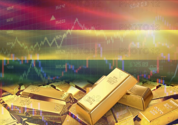 Gold bars on Bolivia flag in background. Gold bars stacked on Bolivian flag. Concept of Bolivia gold reserves