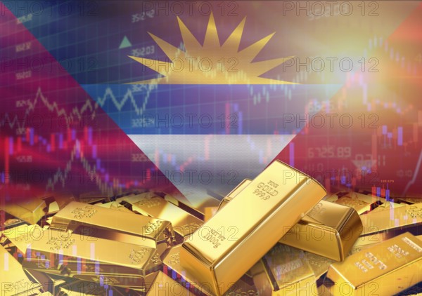 Gold bars on Antigua and Barbuda flag in background. Gold bars stacked on Antiguan flag. Concept of Antigua and Barbuda gold reserves