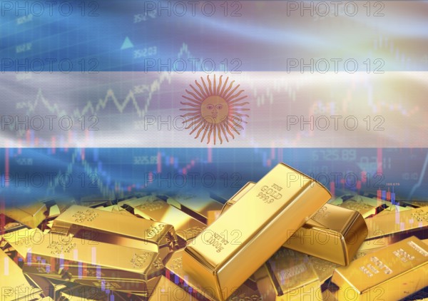 Gold bars on Argentina flag in background. Gold bars stacked on Argentinian flag. Concept of Argentina gold reserves