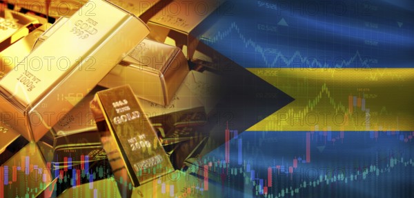 Gold bars stacked on Bahamian flag. Bahamas gold reserves, Concept