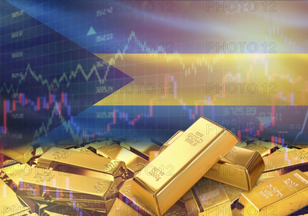 Gold bars on Bahamas flag in background. Gold bars stacked on Bahamian flag. Concept of Bahamas gold reserves