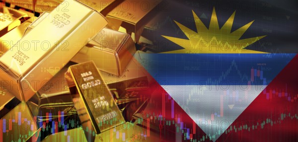 Gold bars stacked on Antiguan flag. Antigua and Barbuda gold reserves, Concept