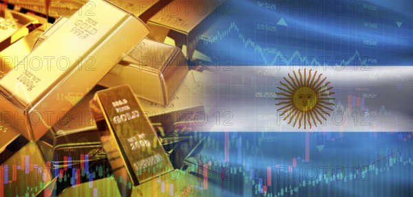 Gold bars stacked on Argentinian flag. Argentina gold reserves, Concept
