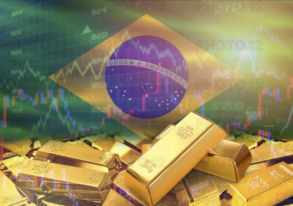 Gold bars on Brazil flag in background. Gold bars stacked on Brazilian flag. Concept of Brazil gold reserves