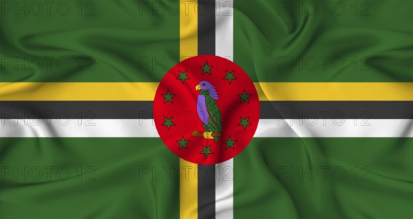 Realistic Dominica flag waving. Close up of flag of Dominica with cloth texture