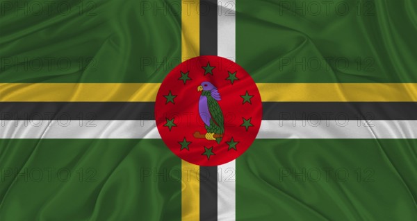 Flag of Dominica with cloth texture. Close up of Dominica flag waving
