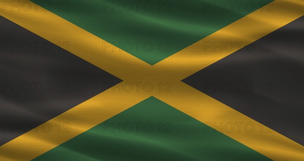 Jamaica flag with fabric texture. Realistic flag of Jamaica waving