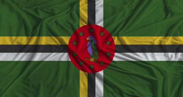 Dominican flag with fabric texture background. National flag of Dominica