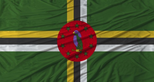 Dominican flag waving. Flag of Dominica with cloth texture