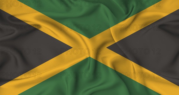 Realistic Jamaica flag waving. Close up of flag of Jamaica with cloth texture