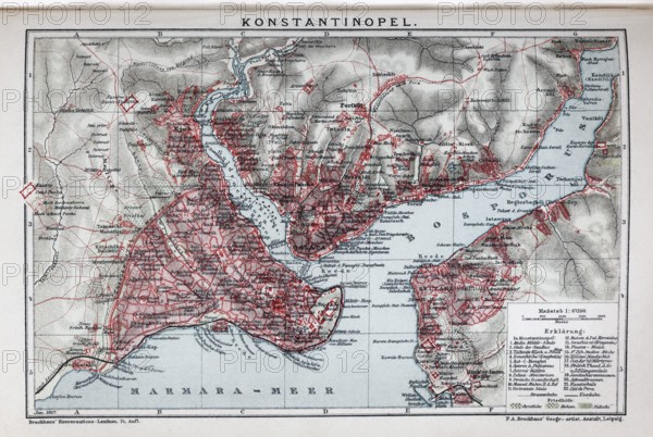 Constantinople, Istanbul, historical city map from 1907, Turkey