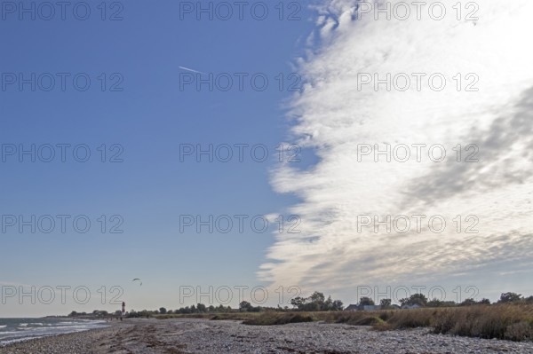 Lighthouse, beach, weather front, contrail, Falshöft, Pommerby, Schleswig-Holstein, Germany