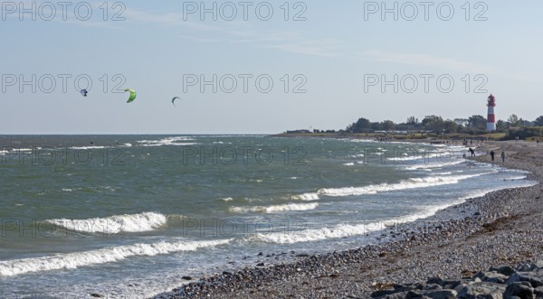 Lighthouse, beach, Baltic Sea, people, kitesurfer, Falshöft, Pommerby, Schleswig-Holstein, Germany