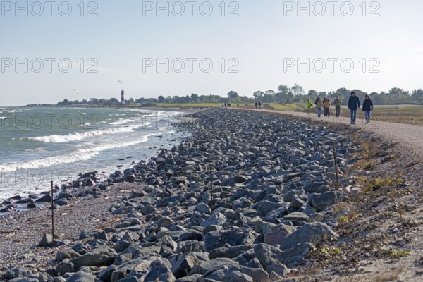 Lighthouse, beach, Baltic Sea, people, Falshöft, Pommerby, Schleswig-Holstein, Germany