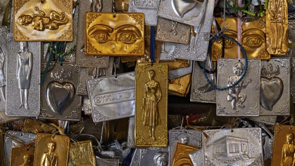 Pantanassa Monastery from the 15th century AD, votive tablets, various metal plaques with religious engravings in gold and silver, Mystras, Mistra, UNESCO World Heritage Site, medieval Byzantine ruined city, north-west of Sparta, foothills of the Tyagetos Mountains, Peloponnese, peninsula, Greece