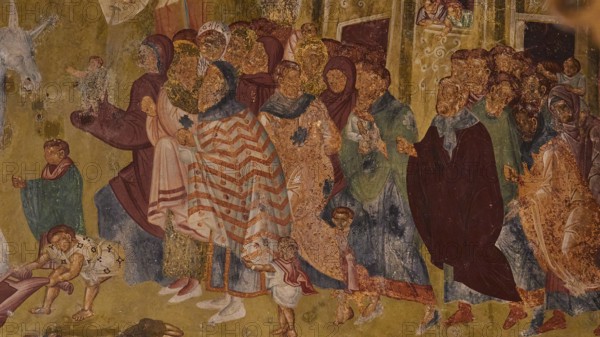 Pantanassa Monastery from the 15th century AD, A fresco shows a religious scene with figures in colourful robes in medieval art, Mystras, Mistra, UNESCO World Heritage Site, Medieval Byzantine ruined city, northwest of Sparta, foothills of the Tyagetos Mountains, Peloponnese, peninsula, Greece