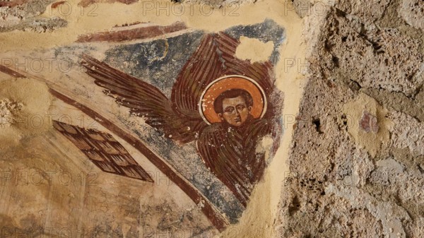 Post-Byzantine church of Agios Nikolaos from the 17th century AD, old fresco depicting an angel and halo on a wall, Mystras, Mistra, UNESCO World Heritage Site, medieval Byzantine ruined city, north-west of Sparta, foothills of the Tyagetos Mountains, Peloponnese, peninsula, Greece