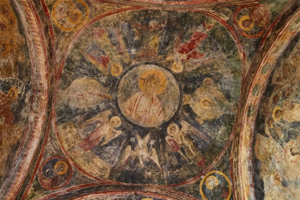 Church of Agia Sophia from the 14th century AD, detailed frescoes on the church ceiling with religious motifs, Mystras, Mistra, UNESCO World Heritage Site, medieval Byzantine ruined city, north-west of Sparta, foothills of the Tyagetos Mountains, Peloponnese, peninsula, Greece