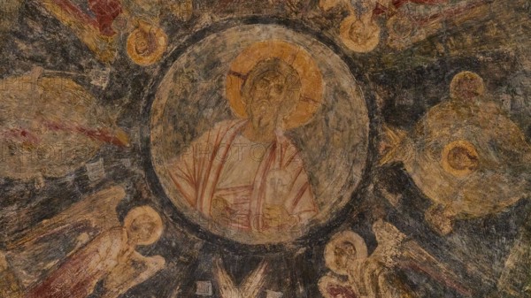 Church of Agia Sophia from the 14th century AD, fresco depicting Jesus surrounded by angels and symbols, Mystras, Mistra, UNESCO World Heritage Site, medieval Byzantine ruined city, north-west of Sparta, foothills of the Tyagetos Mountains, Peloponnese, peninsula, Greece