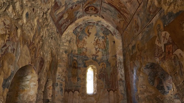 Post-Byzantine church of Agios Nikolaos from the 17th century AD, Decorated interior of an old church with religious frescoes, Mystras, Mistra, UNESCO World Heritage Site, Medieval Byzantine ruined city, north-west of Sparta, foothills of the Tyagetos Mountains, Peloponnese, peninsula, Greece