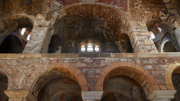 Remains of the great monastery of Brontochion, Hodegetria Church, Church of the Lord, Aphendiko, A mystical interior with Byzantine frescoes and stone vaults lends historical depth, Mystras, Mistra, UNESCO World Heritage Site, Medieval Byzantine ruined city, north-west of Sparta, foothills of the Tyagetos Mountains, Peloponnese, peninsula, Greece