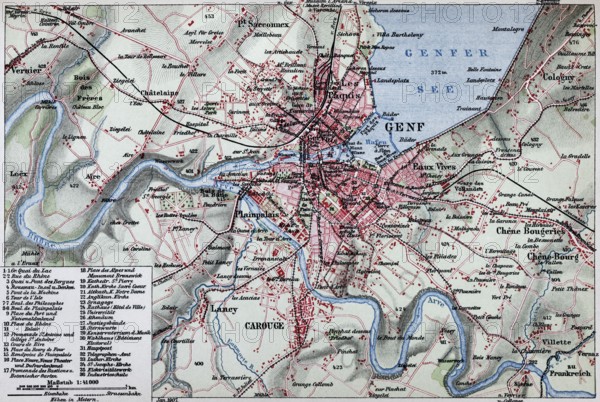 Geneva, historical city map from 1906, Switzerland