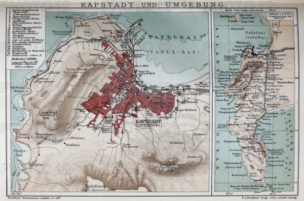 Cape Town and surroundings, historical map from 1907, South Africa