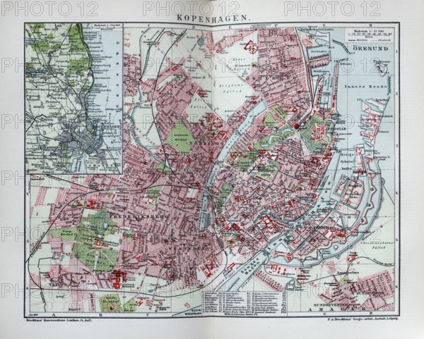Copenhagen, historical city map from 1907, Denmark