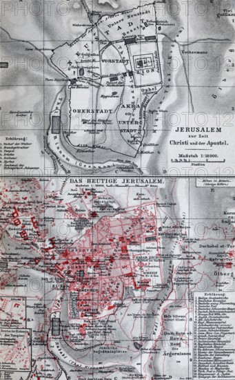 Jerusalem, historical city map from 1907, the old and the new Jerusalem, Palestine