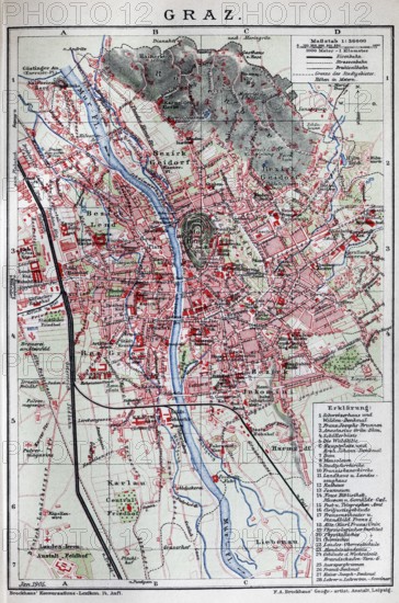 Graz, historical city map from 1907, Styria, Austria