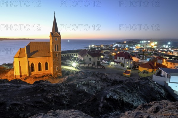View of the rock church from 1912, blue hour, Lüderitz, Karas Region, Namibia