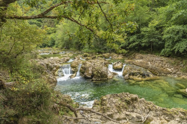 Lush vegetation frames the stunning emerald waters of the sella river in asturias, spain, where small waterfalls cascade over rocks, creating a tranquil natural pool