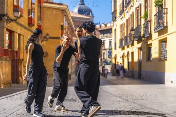 Group of diverse youth smiling, expressing joy and freedom while performing a contemporary dance routine outdoors on a charming cobblestone street in a european city