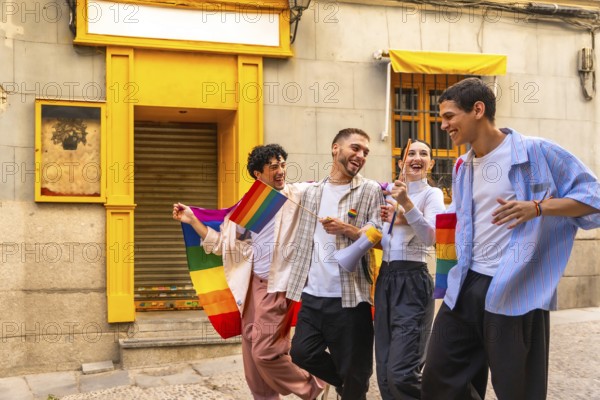 Young diverse friends celebrating lgbtqia plus pride, walking cheerfully on a city street, carrying rainbow flags and a megaphone, embracing joy and community