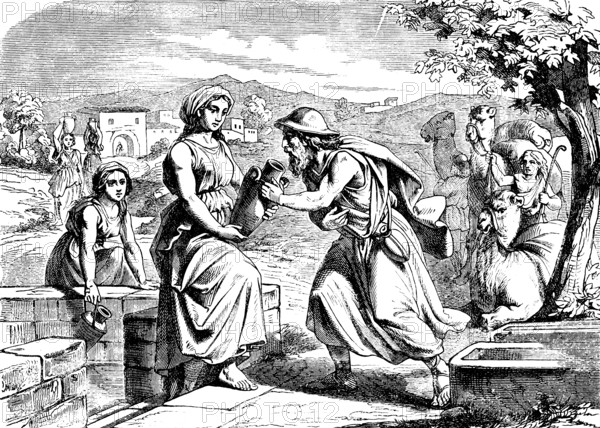 The virtuous Rebekah and Eliezer, servant of Abraham, at the well of Nahor, generous character, help, water jug, marriage, landscape, houses, watering camels, beauty, people, Genesis, chapter 18, Genesis, Old Testament, Bible, historical illustration 1877