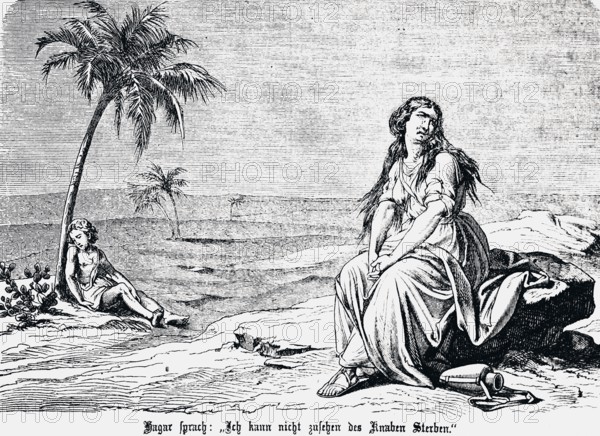 Hagar cannot bear the suffering of her thirsty son Ishmael in the desert, dying of thirst, water jug, palm tree, dying, mother, grief, suffering, loneliness, Genesis, chapter 21, Genesis, Old Testament, Bible, historical illustration 1877
