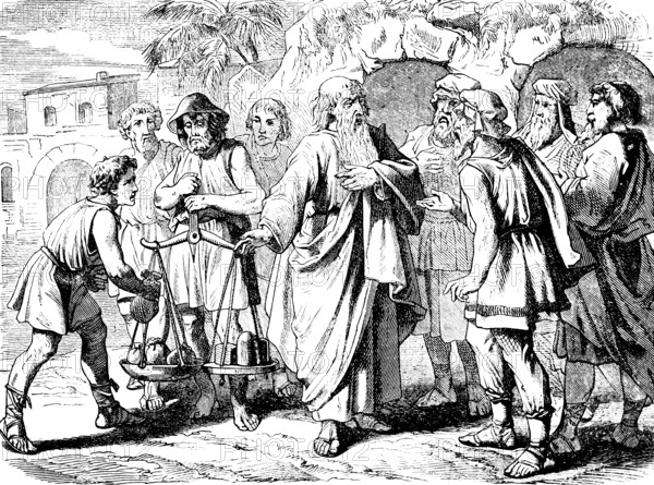 Abraham's woman Sarah dies at 127, he buys her an inheritance, city gate, group, merchant, scales, gold, money, trade, Genesis, chapter 18, Genesis, Old Testament, Bible, historical illustration 1877