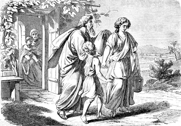 Expulsion of the Sagar, the strangers, son and woman of Abraham, Egyptian slave Sarah, are sent away, hut, open door, First Book of Moses, chapter 21, Genesis, Old Testament, Bible, historical illustration 1877