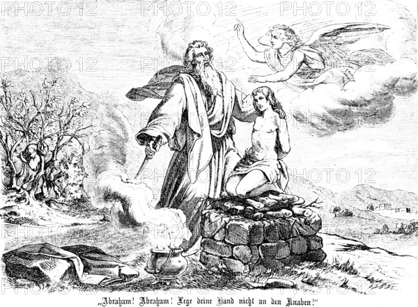 God commands Abraham to sacrifice his only son Isaac, revokes his command at the sacrificial mark, burnt offering, obedience, God in heaven, wings, empty landscape, fire, smoke, sheep in tree, wood, Genesis, chapter 22, Genesis, Old Testament, Bible, historical illustration 1877