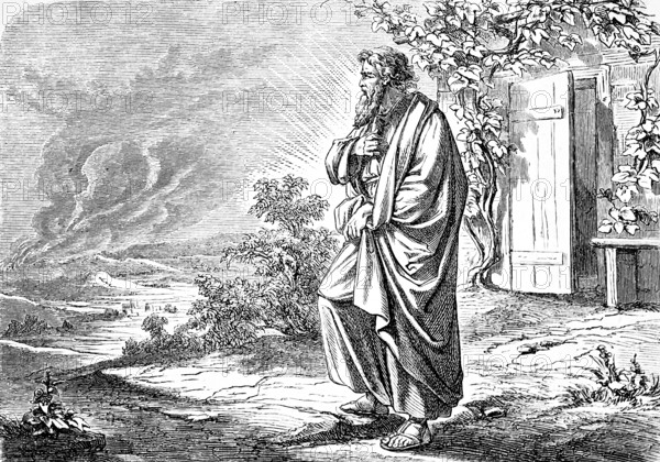Abraham looks at the burning Sodom and Gomorrah in the distance, rising smoke, conflagration, hut, vines, landscape, First Book of Moses, chapter 19, Genesis, Old Testament, Bible, historical illustration 1877