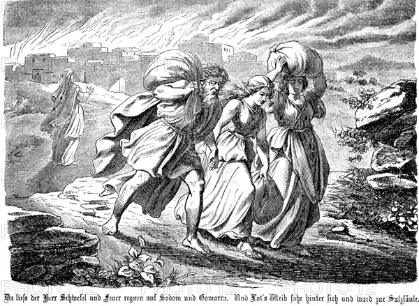 God rains brimstone and fire on Sodom and Gomorrah, Lot flees, his woman Sahra looks back and freezes to a pillar of salt, sin, city, conflagration, destruction, Genesis, chapter 19, Genesis, Old Testament, Bible, historical illustration 1877