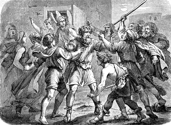 The Eidammers want to take Lot's daughters by force, Lot defends himself, attack, fight, turmoil, stick, angel, First Book of Moses, chapter 19, Genesis, Old Testament, Bible, historical illustration 1877
