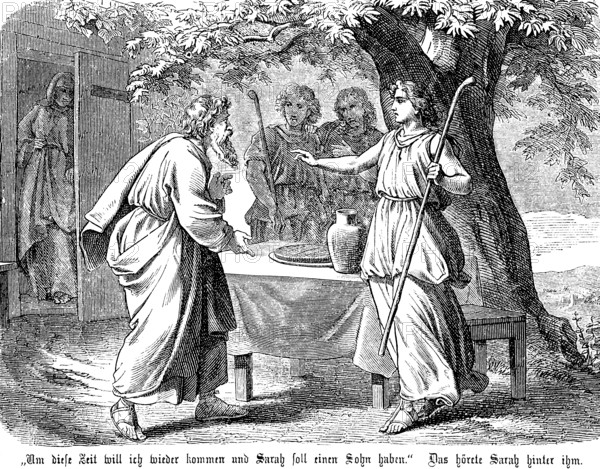 Abraham is to father a son, his woman Sahra overhears the conversation, garden scene, hut, three young men, laid table, tree, First Book of Moses, Chapter 18, Genesis, Old Testament, Bible, historical illustration 1877