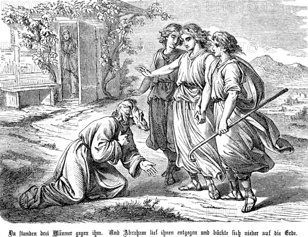 Three young men meet Abraham and tell him to father a child, Sahra overhears the conversation in the doorway, hut, bench, grapevines, mountain landscape, First Book of Moses, Chapter 18, Genesis, Old Testament, Bible, historical illustration 1877